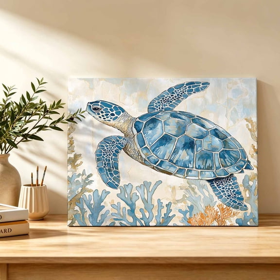 Sea Turtle Canvas Wall Art, Marine Animal Wall Art Prints Artwork Framed Canvas Ready to Hang Art Pictures for Bathroom Bedroom Entry Desk Corner 10" x 8"
