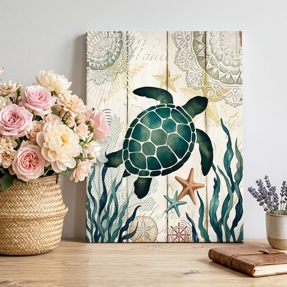 Sea Turtle Canvas Wall Art, Summer Green Seaweed Starfish Mandalas Retro Wood Grain Pictures Wall Decor Wooden Framed Artwork Art Prints for Living Room Hallway Bedroom Office 8"x12"