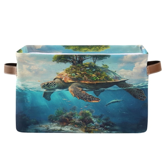 Sea Turtle Carrying Island Foldable Storage Basket,Canvas Fabric Foldable Storage Bins with Handles Open Home Storage Bins Boxes for Toy Book Shelf Closet Baskets