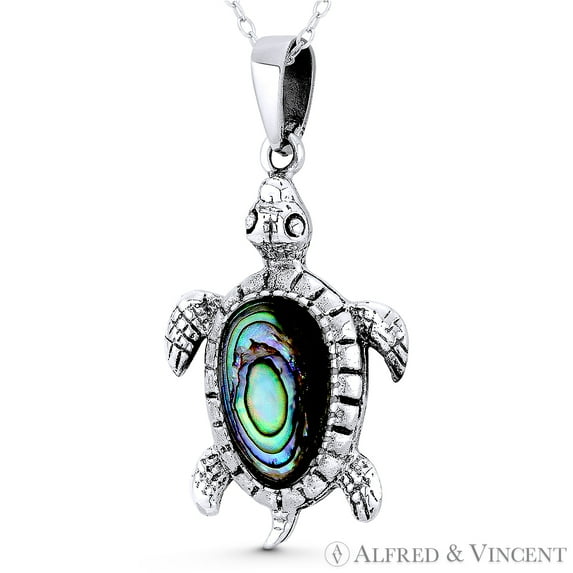 Sea Turtle Charm Black Mother-of-Pearl 38x20mm (1.5x0.8in) Pendant & Chain Necklace in Oxidized .925 Sterling Silver