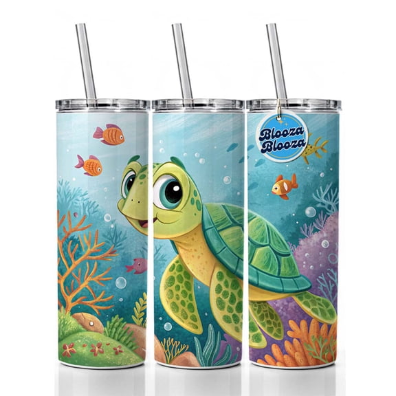 Sea Turtle Children's Illustration Style 20oz Insulated Water Bottle Skinny Tumbler Includes Straw
