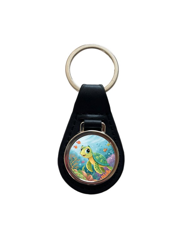 Sea Turtle Children's Illustration Style Metal Black Leather Keychain