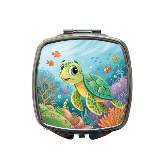 Sea Turtle Children's Illustration Style Travel Makeup Handbag Purse Small Pocket Compact Mirror