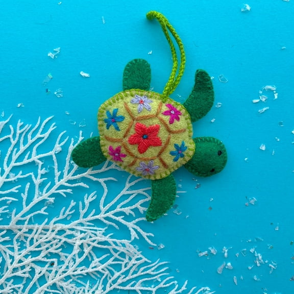 Sea Turtle Christmas Ornament, Fair Trade Embroidered Wool Handmade in Peru