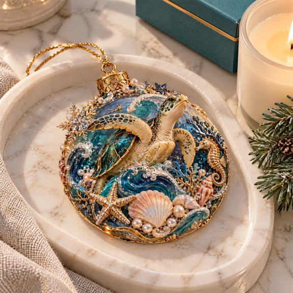 Sea Turtle Christmas Ornament Set, 2D Flat Nautical Hanging Decorations with Coastal Artwork and Easy Hanging Strings, for Christmas Trees Beach Houses Windows Wreaths and Ocean Lovers A