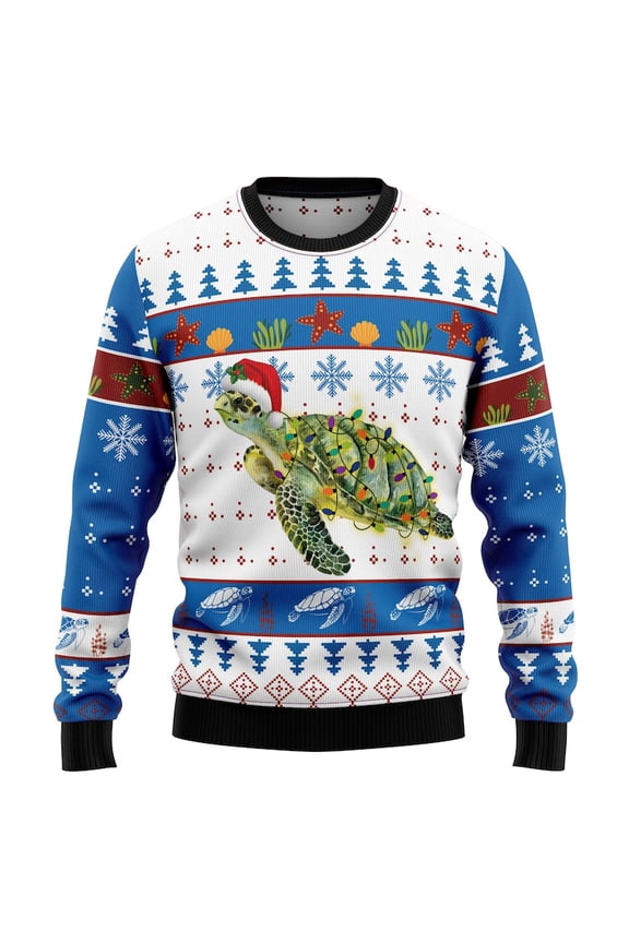 Sea Turtle Christmas Sweater, Turtle with Santa Hat and Lights, Ugly Xmas Sweater, Ocean Lover Holiday Outfit, Marine Animal Gift