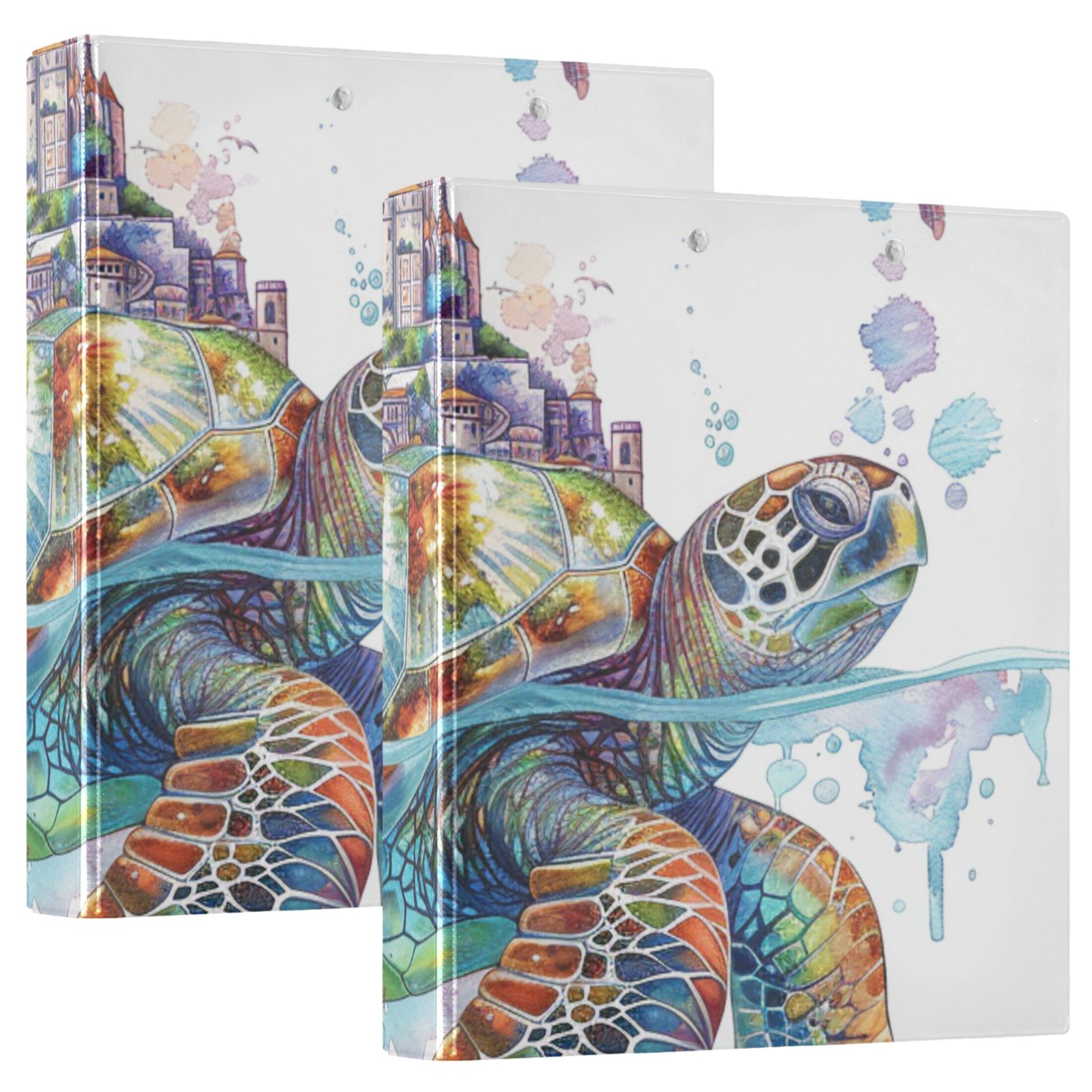 Sea Turtle City 3 Ring Binders 1.5 inch Hardcover File Folders with Interior Pockets A4 Size Organizer for School Office Hospital
