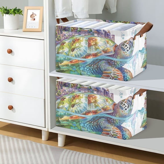 Sea Turtle City Foldable Storage Large Fabric Storage Baskets Organizer Storage Bins with Handles for Shelves