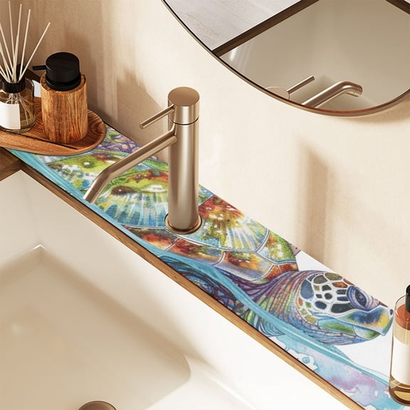 Sea Turtle City Sink Splash Guard Faucet 30x5.4in Drying Mat Drying Mat Absorbent Pad for Bathroom Kitchen 1PCS