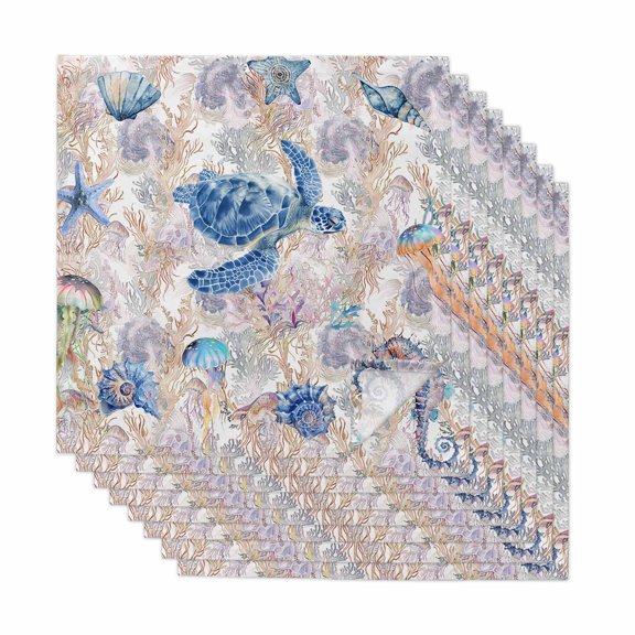 Sea Turtle Cloth Napkins, Summer Coastal Nautical Coral Seahorse Washable and Reusable Dinner Napkins Set of 8, Table Napkin for Kitchen Party Birthday Wedding Hotel Housewarming 20"x20"