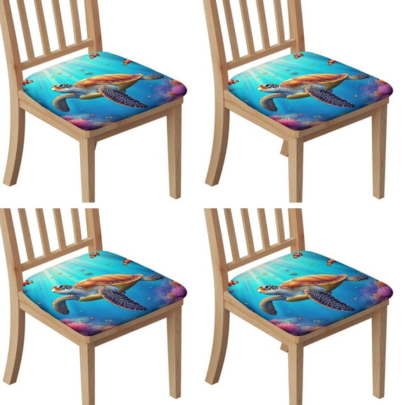 Sea Turtle with Clownfish Seat Covers for Dining Room Chairs Set Of 4,Stretch Printed Washable Chair Seat Cover with Elastic Ties and Button,Removable Waterproof Couch Cushion Covers