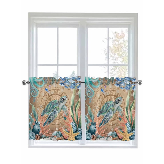 Sea Turtle Coastal 2 Panel Kitchen Curtains for Small Windows, Summer Nautical Starfish Coral Brown Anchor Bathroom Tier Curtain, Short Window Treatment for Bedroom/Living Room 55"x24"