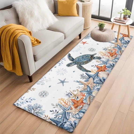 Sea Turtle Coastal 2'x6' Runner Rugs for Hallway Kitchen Bedside Non Slip Washable, Summer Coral Starfish Nautical Entryway Rug Runners with Rubber Backing, Long Carpet Runner for Laundry Room