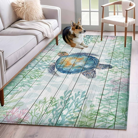 Sea Turtle Coastal Area Rug 4'x6', Blue Green Summer Beach Coral Wooden Washable Non-Slip Rugs, Low Pile Large Carpet for Living Room Bedroom Dining Room Kitchen Office Indoor Mat