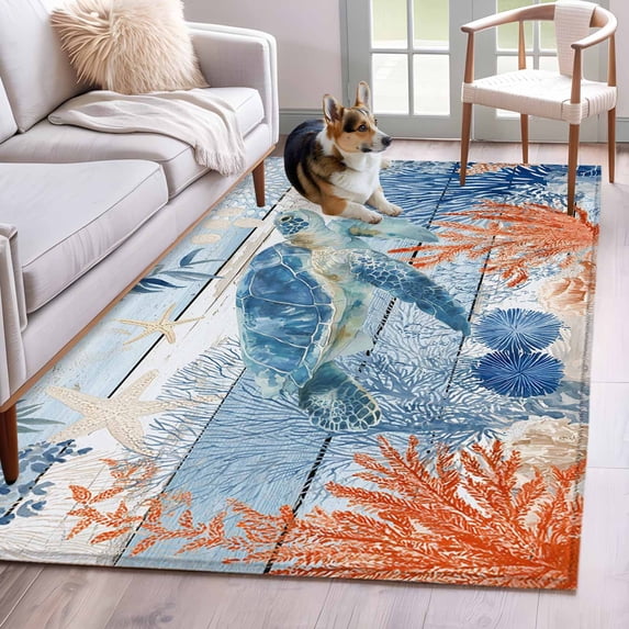 Sea Turtle Coastal Area Rugs 2.7'x5', Washable Small Throw Rugs for Kitchen Bedroom, Summer Beach Coral Nautical Blue Wood Indoor Outdoor Rug Non-Slip Low Pile Carpet Runner Reversible Floor Mats