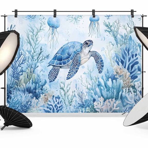 Sea Turtle Coastal Backdrop for Photoshoot,Photography Photo Studio Background Wall Backdrop,Blue Summer Beach Coral Jellyfish Back Drop Banner Panel for Portraits Wedding Party Live Streaming 7x5Ft