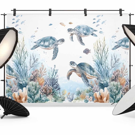 Sea Turtle Coastal Backdrop for Photoshoot,Photography Photo Studio Background Wall Backdrop,Summer Beach Coral Ocean Blue Nautical Back Drop Banner Panel for Portraits Wedding Live Streaming 10x8Ft