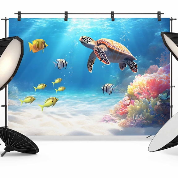 Sea Turtle Coastal Backdrop for Photoshoot,Photography Photo Studio Background Wall Backdrop,Summer Beach Coral Ocean Fishes Back Drop Banner Panel for Portraits Wedding Party Live Streaming 10x8Ft