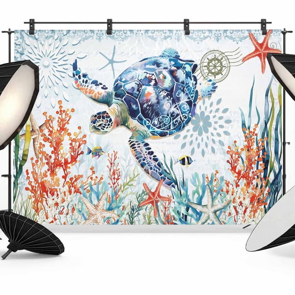 Sea Turtle Coastal Backdrop for Photoshoot,Photography Photo Studio Background Wall Backdrop,Summer Beach Coral Ocean Nautical Back Drop Banner Panel for Portraits Wedding Party Live Streaming 10x8Ft
