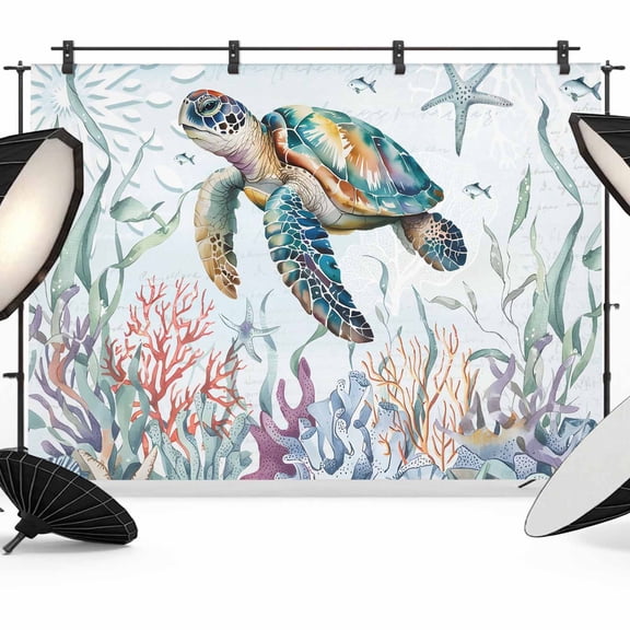 Sea Turtle Coastal Backdrop for Photoshoot,Photography Photo Studio Background Wall Backdrop,Summer Beach Coral Ocean Seaweed Back Drop Banner Panel for Portraits Wedding Party Live Streaming 7x5Ft