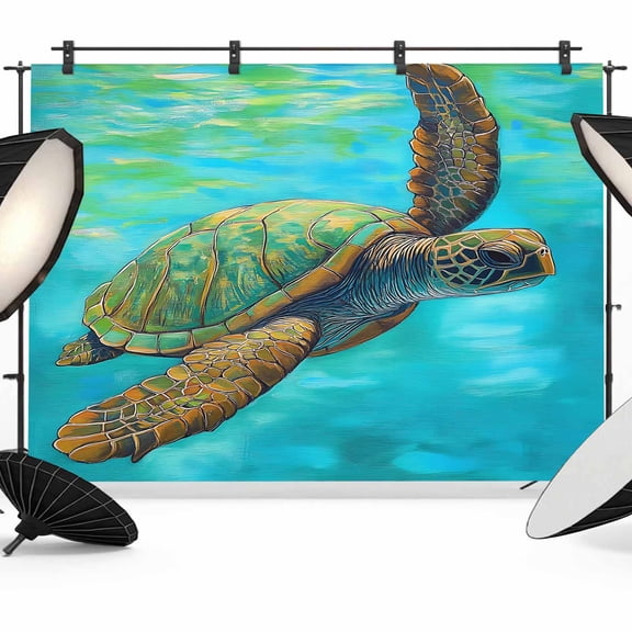 Sea Turtle Coastal Backdrop for Photoshoot, Photography Photo Studio Background Wall Backdrop, Teal Green Beach Nautical Back Drop Banner Panel for Portraits Wedding Party Live Streaming Decor 12x8Ft