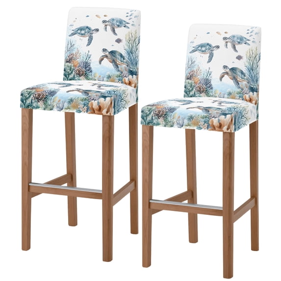 Sea Turtle Coastal Bar Stool Cover Set of 2, Summer Beach Coral Ocean Blue Nautical Stretch Bar Chair Cover, Removable Washable Pub Counter Stool Chair Slipcover for Kitchen Dining Room Pub Cafe