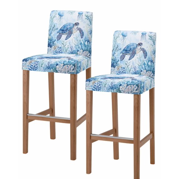 Sea Turtle Coastal Bar Stool Covers Set of 2, Blue Summer Beach Coral Jellyfish Stretch Washable Bar Chair Covers with Backs, Removable Pub Counter Height Chair Cover for Kitchen Dining Room Cafe