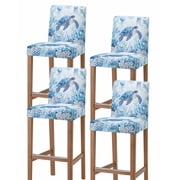 Sea Turtle Coastal Bar Stool Covers Set of 4, Blue Summer Beach Coral Jellyfish Stretch Washable Bar Chair Covers with Backs, Removable Pub Counter Height Chair Cover for Kitchen Dining Room Cafe