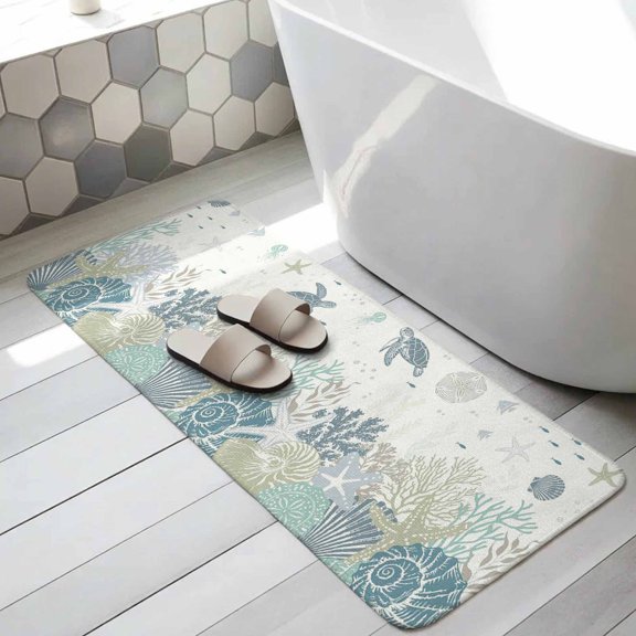 Sea Turtle Coastal Bathroom Runner Rugs Non Slip Washable Absorbent Narrow Long Bath Mat Nautical Summer Beach Starfish Coral Ocean Runner Rugs for Kitchen Hallway Bedroom Laundry 31.5"x63"