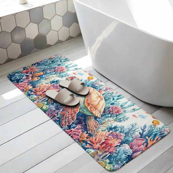 Sea Turtle Coastal Bathroom Runner Rugs Non Slip Washable Absorbent Narrow Long Bath Mat Seaside Coral Fish Nautical Ocean Runner Rugs for Kitchen Hallway Bedroom Laundry Study Room 31.5"x63"