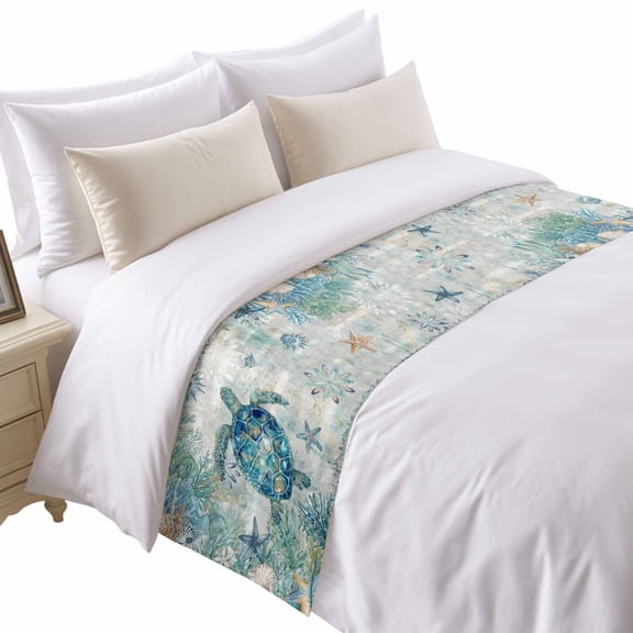 Sea Turtle Coastal Bed Runner for Queen Size Bed, Blue Teal Beach Ocean Nautical Coral Soft Bedding Scarf Bedding Protector Slipcover Sofa Throw for Bedroom Hotel Guesthouse