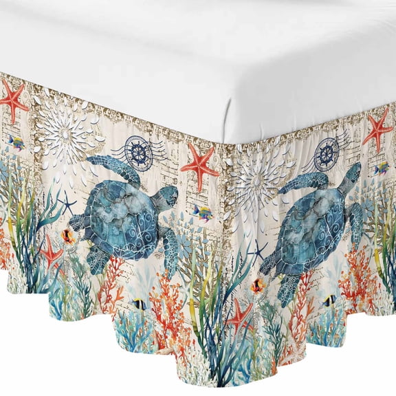 Sea Turtle Coastal Bed Skirt Queen Size 16 Inch Drop, Adjustable & Elastic Wrap Around Bed Skirts Pleated Dust Ruffles For Twin Full Queen Cal King Base Beds, Vintage Beach Coral Starfish Nautical