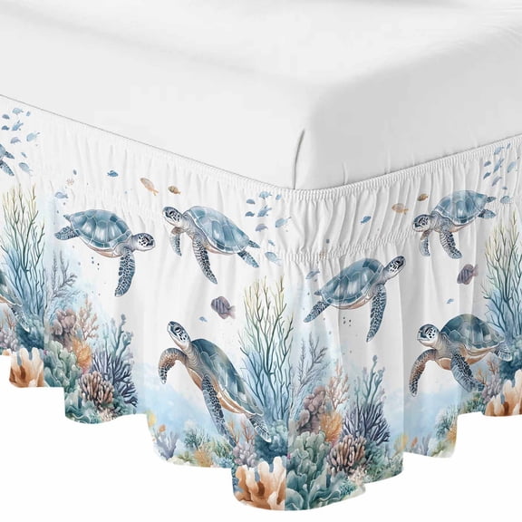 Sea Turtle Coastal Bed Skirt Queen Size 16 Inch Drop, Adjustable & Elastic Wrap Around Bed Skirts Pleated Dust Ruffles For Twin Full Queen Cal King Base Beds, Summer Beach Coral Ocean Blue Nautical