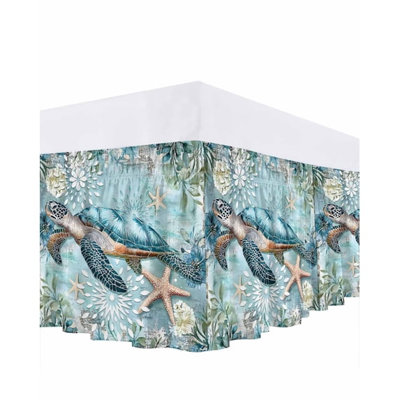 Sea Turtle Coastal Bed Skirt Queen Size,Vintage Teal Nautical Beach Botanical Wrap Around Bed Skirting with Adjustable Elastic Strap,Dust Ruffle Pleated Bedskirts 16 Inch Drop for Bedroom Queen Beds
