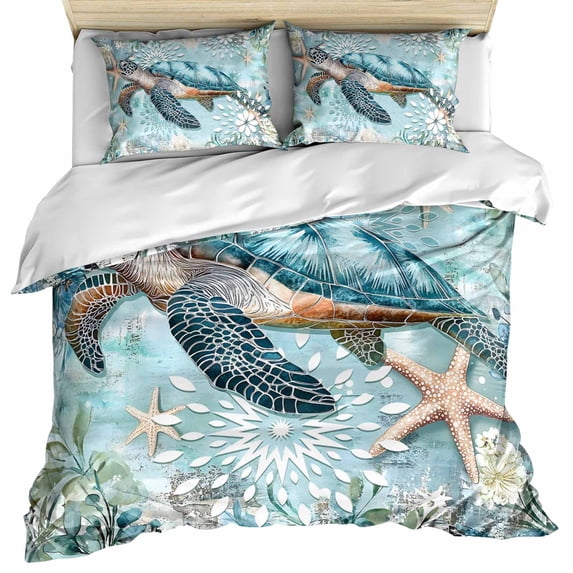 Sea Turtle Coastal Bedding 3 Piece Duvet Cover Set California King, Vintage Teal Nautical Beach Botanical Soft Microfiber Comforter Cover with Zipper Closure & Pillowcases, FadeResistant Quilt Cover