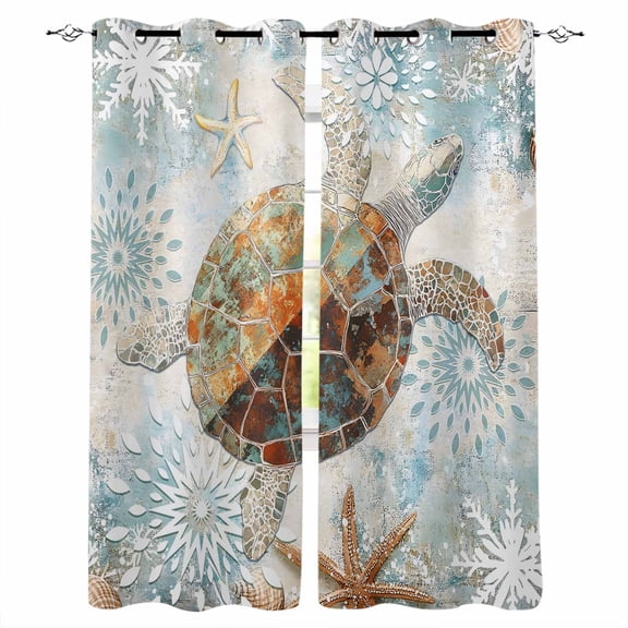 Sea Turtle Coastal Blackout Curtains 39 Inches Long,Thermal Insualted Grommet Curtains & Drapes,Nautical Starfish Botanical Ocean Room Darking Curtains for Living Room Bedroom 2 Panels 27.5"W x39"L