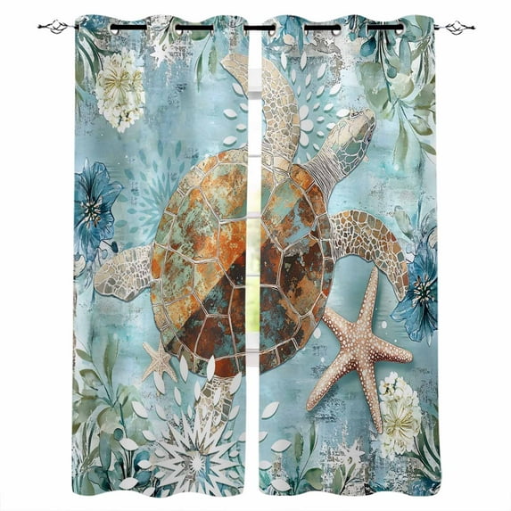 Sea Turtle Coastal Blackout Curtains 54 Inches Long for Bedroom, Teal Nautical Starfish Botanical Thermal Insulated Room Darkening Black Out Window Curtain Panels Grommet Drapes for Living Room