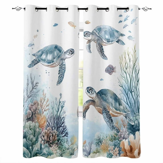 Sea Turtle Coastal Blackout Curtains for Bedroom Living Room Darkening Curtains 54 Inch Long Summer Beach Coral Ocean Blue Nautical Short Curtain for Small Window Treatment Grommet Drapes 42"x54"x2