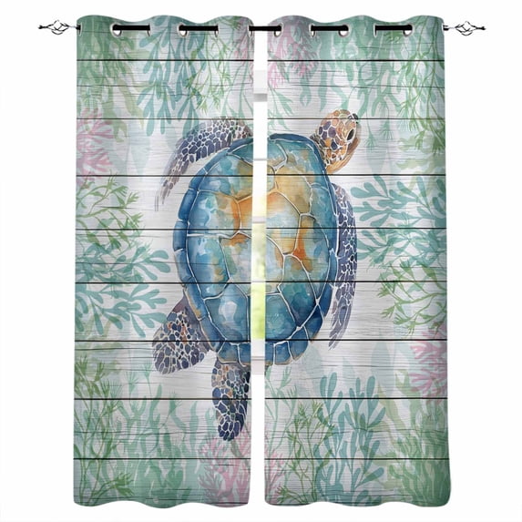 Sea Turtle Coastal Blackout Curtains for Bedroom Living Room Darkening Curtains 63 Inches Long Blue Green Summer Beach Coral Wooden Window Curtain 2 Panels Set Window Treatment Grommet Drapes 42"x63"