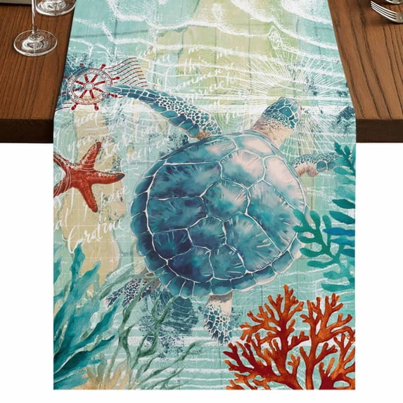 Sea Turtle Coastal Burlap Cotton Table Runner 14x72 Inches Long, Turquoise Nautical Summer Coral Ocean Farmhouse Table Runners, Outdoor Dining Tablecloths Decor for Baby Shower/Party/Wedding