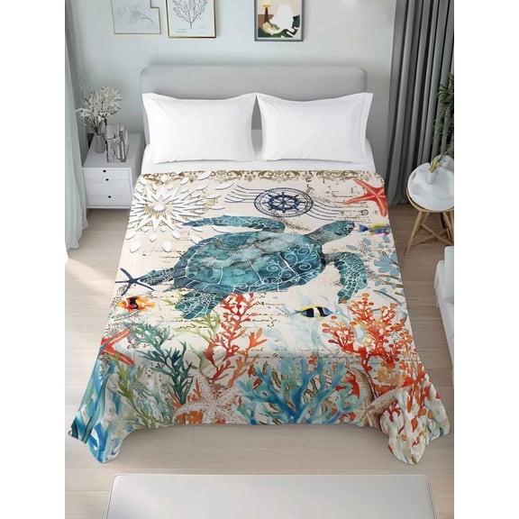 Sea Turtle Coastal California King Size Flat Sheet, Wrinkleproof & Fadeproof Cooling Flat Bed Sheet Only, Vintage Beach Coral Starfish Nautical Breathable Soft Bedding Top Sheets 108 x 98 Inches