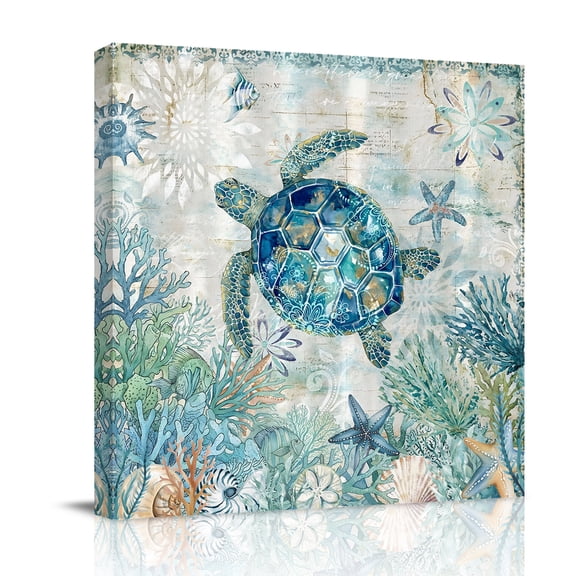 Sea Turtle Coastal Canvas Wall Art for Living Room, Blue Teal Beach Ocean Nautical Coral Poster Print Painting for Bedroom Office Home Decoration Wall Pictures Prepare To Hang 8"x8"
