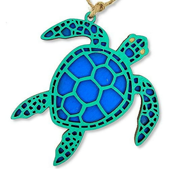 Sea Turtle Coastal Christmas Tree Ornament, Handcrafted Wood Holiday Keepsake