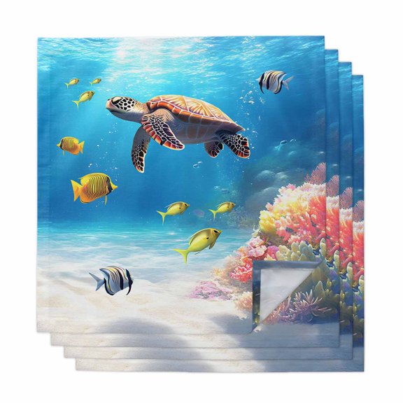 Sea Turtle Coastal Cloth Napkins, Summer Beach Coral Ocean Fishes Washable and Reusable Dinner Napkins Set of 4, Table Napkin for Kitchen Party Birthday Wedding Hotel Housewarming 20"x20"