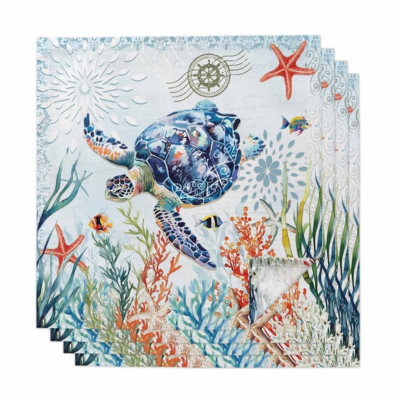 Sea Turtle Coastal Cloth Napkins, Summer Beach Coral Ocean Nautical Washable and Reusable Dinner Napkins Set of 4, Table Napkin for Kitchen Party Birthday Wedding Hotel Housewarming 20"x20"