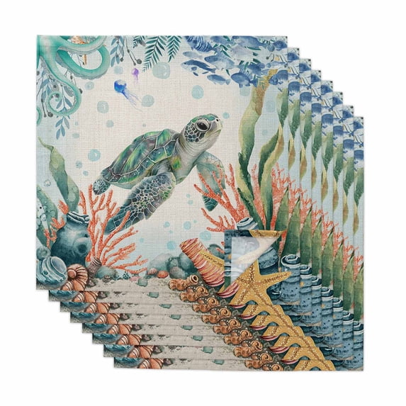 Sea Turtle Coastal Cloth Napkins, Summer Nautical Starfish Coral Beige Washable and Reusable Dinner Napkins Set of 8, Table Napkin for Kitchen Party Birthday Wedding Hotel Housewarming 20"x20"