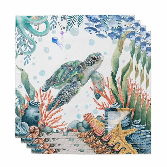 Sea Turtle Coastal Cloth Napkins, Summer Nautical Starfish Coral Ocean Washable and Reusable Dinner Napkins Set of 4, Table Napkin for Kitchen Party Birthday Wedding Hotel Housewarming 20"x20"