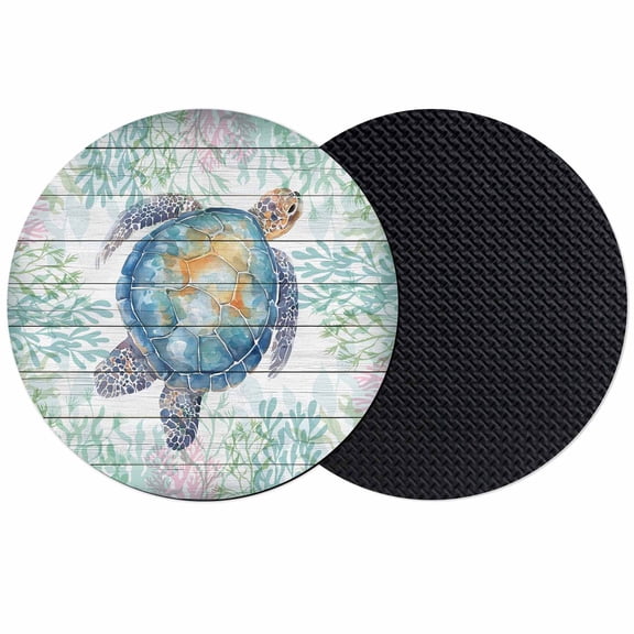 Sea Turtle Coastal Coasters Set of 2, Absorbent Coasters for Drinks, Blue Green Summer Beach Coral Wooden Coaster for Desk Coffee Table Protection, Home Decor House Warming Gifts 4"
