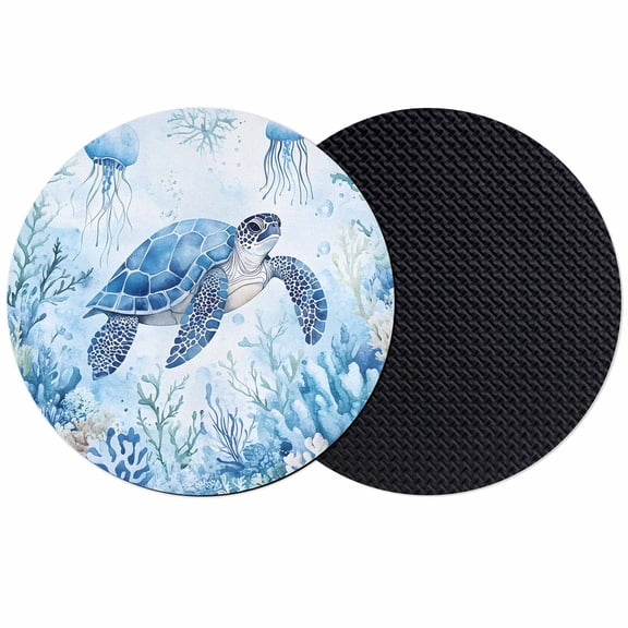 Sea Turtle Coastal Coasters Set of 2, Soft Absorbent Coasters for Drinks, Blue Summer Beach Coral Jellyfish Non-Slip Cup Coaster Mat with Rubber Bottom for Home Kitchen Desk Coffee Bar Table Decor 4"