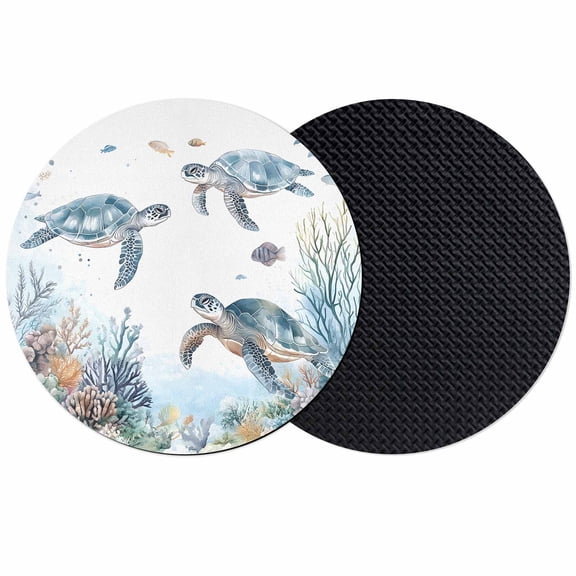 Sea Turtle Coastal Coasters Set of 2, Summer Beach Coral Ocean Blue Nautical Absorbent Coasters for Drinks, Coaster for Bar Office Dining Coffee Table Accessories Decor, Non Slip Round Desk Coaster